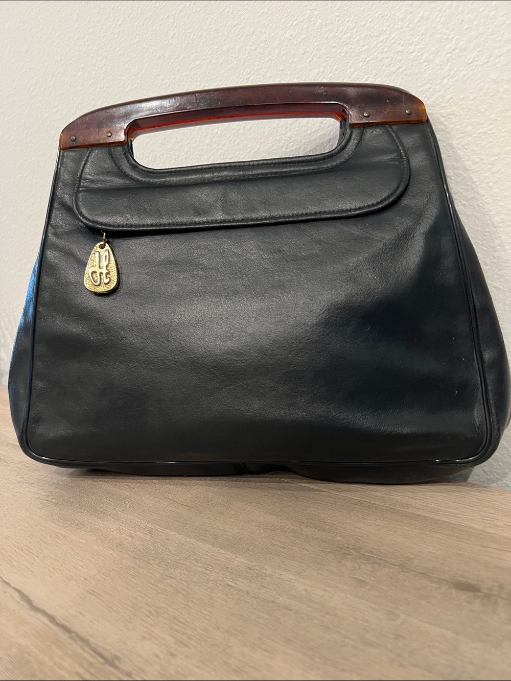 Vintage Navy Leather Tote with Tortoiseshell Handle